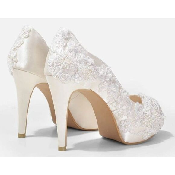 Christy‎ Ing Rosie V2 Lace Ivory Wedding Satin Bridal Lace Peep Toe 10 Heel - Picture 4 of 10